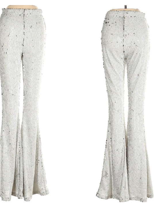 Club Exx Pants - (NWOT) CLUB EXX White & Silver Sequin Flare Pants - High-Waist Bell Bottoms